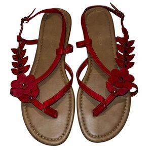 Andiamo Womens Size 8.5 Ascount Flower Motif Sandals Red Flats Ankle Strap